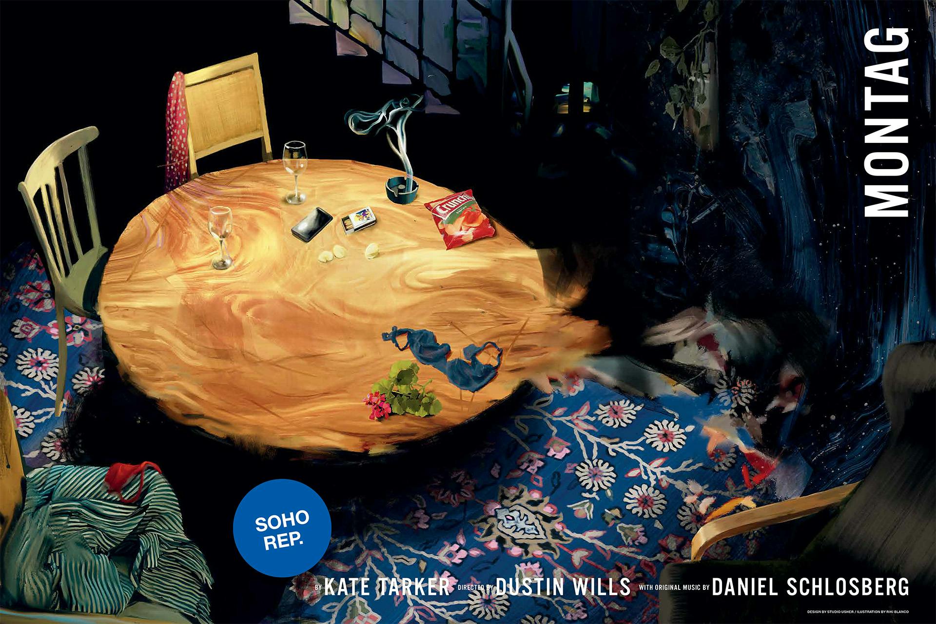 Poster headlined 'Montag' and featuring an image of a round dining table on a patterned carpet which appears blurred at the edges of the table