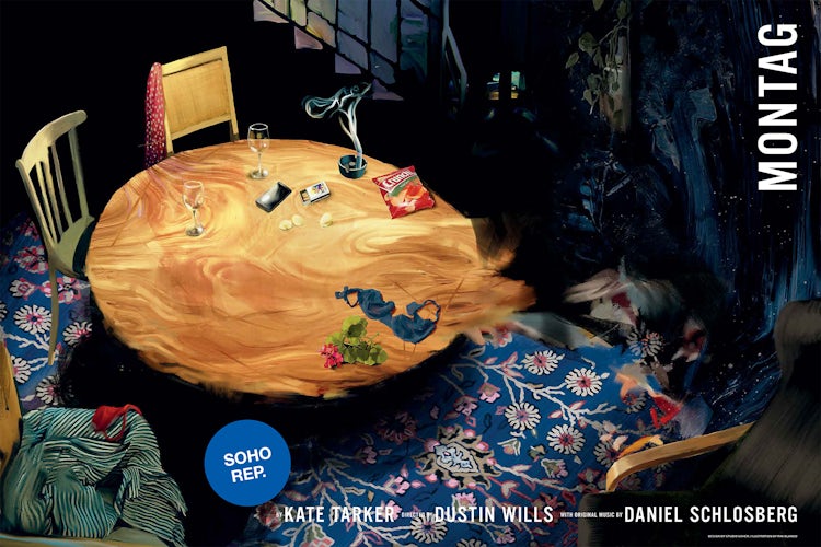 Poster headlined 'Montag' and featuring an image of a round dining table on a patterned carpet which appears blurred at the edges of the table