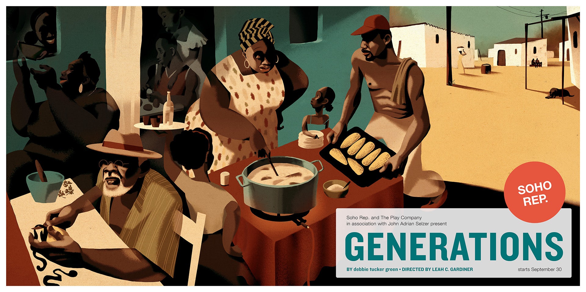 Poster headlined 'generations' and featuring an abstract painting of people gathered around cooking a pot of food