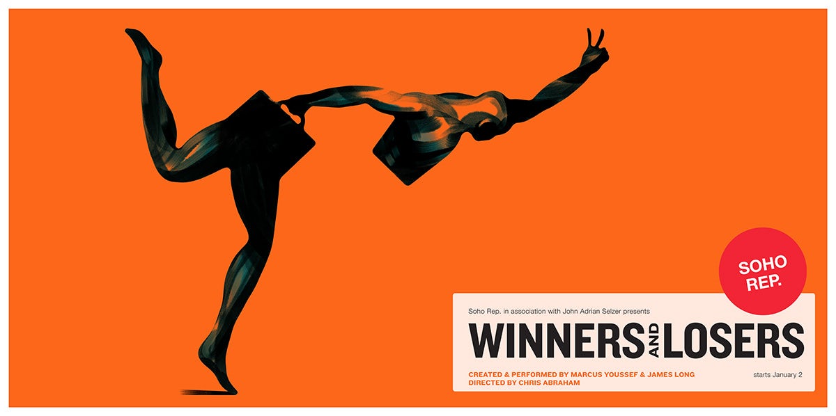 Orange poster labelled 'Winners and losers' and featuring an abstract running body cut in two