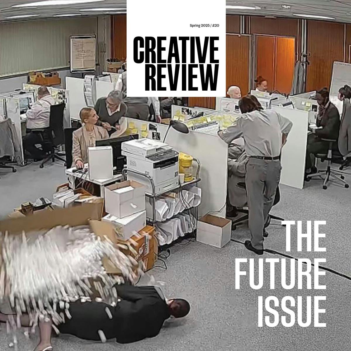 Cover of CR Future Spring 2025 issue featuring image of a box knocking over a person in an office