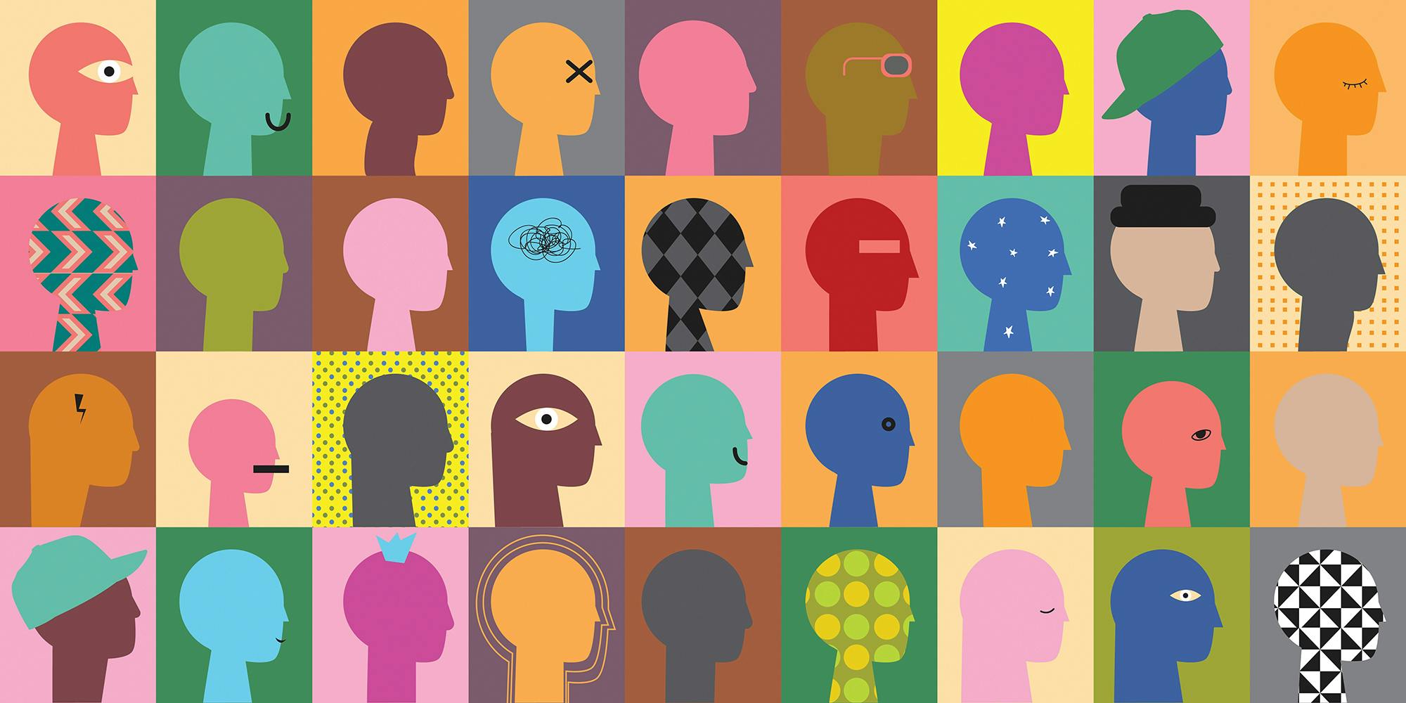 Crowd of young and elderly abstract men, women and children. Diverse group of stylish people standing together. Society or population, social diversity. Flat simple cartoon vector illustration.