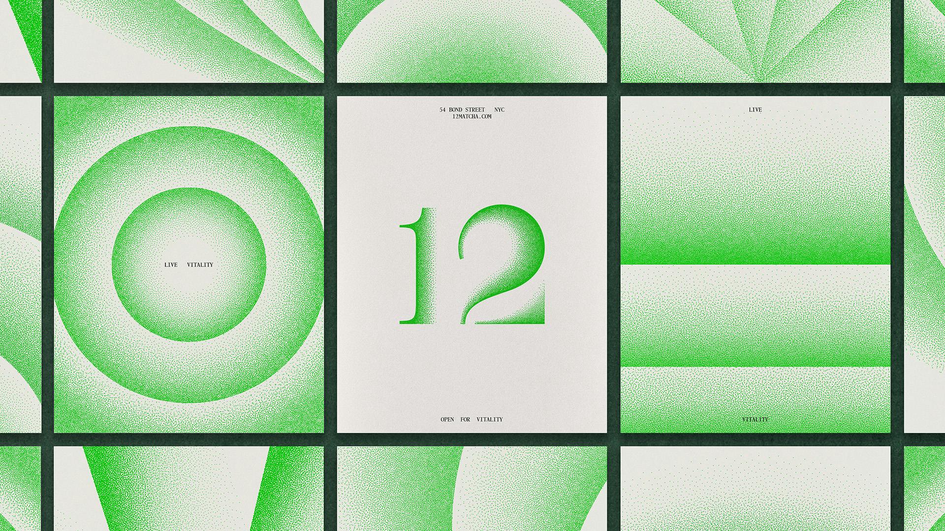Composite showing green and white airbrush-style branding for matcha company 12