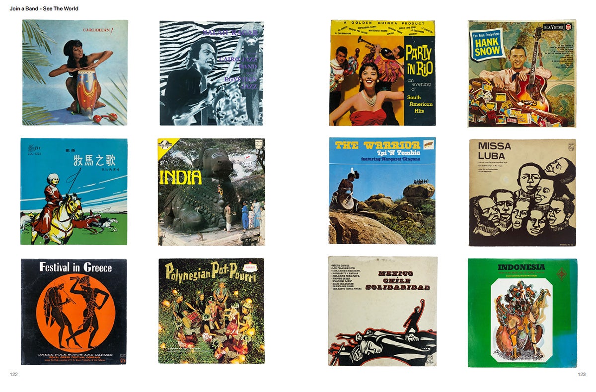 Spread featuring record covers from the Rock & Roll Public Library magazine