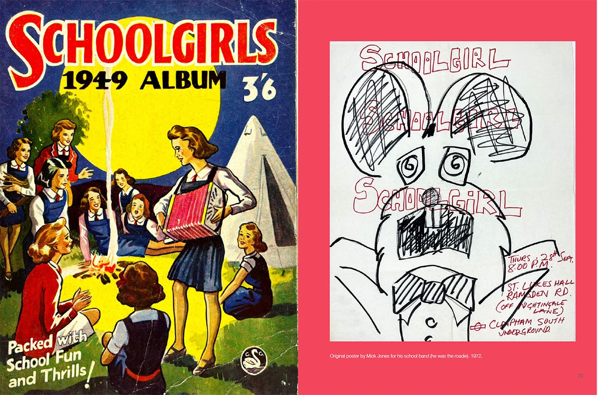 Illustrated poster and a loose hand drawn poster both headlined 'schoolgirls' from the Rock & Roll Public Library magazine
