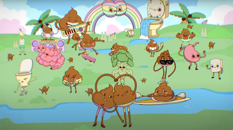 Still from PETA's animated ad featuring utopian scene filled with cartoon characters in the shape of poo, colons, toilets and loo roll