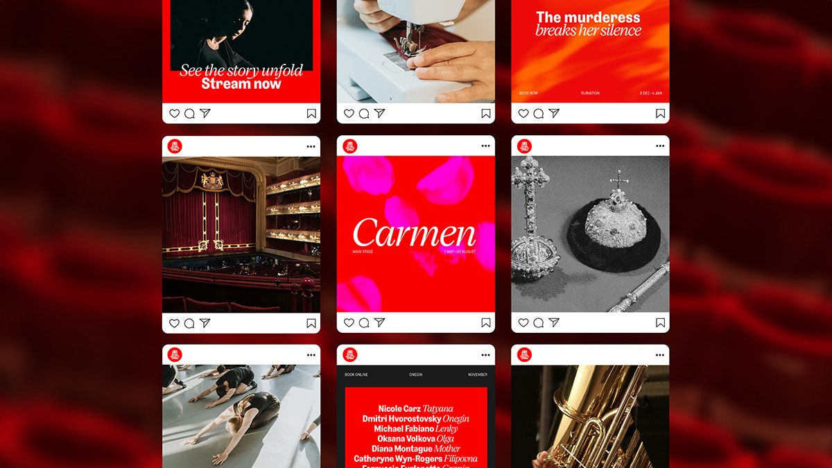 Grid of colourful social media posts for Royal Ballet and Opera