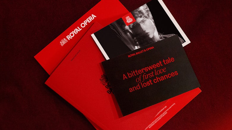 Printed materials headlined Royal Opera that reads 'a bittersweet tale of first love and lost chances' along with an abstract black and white photo of a face