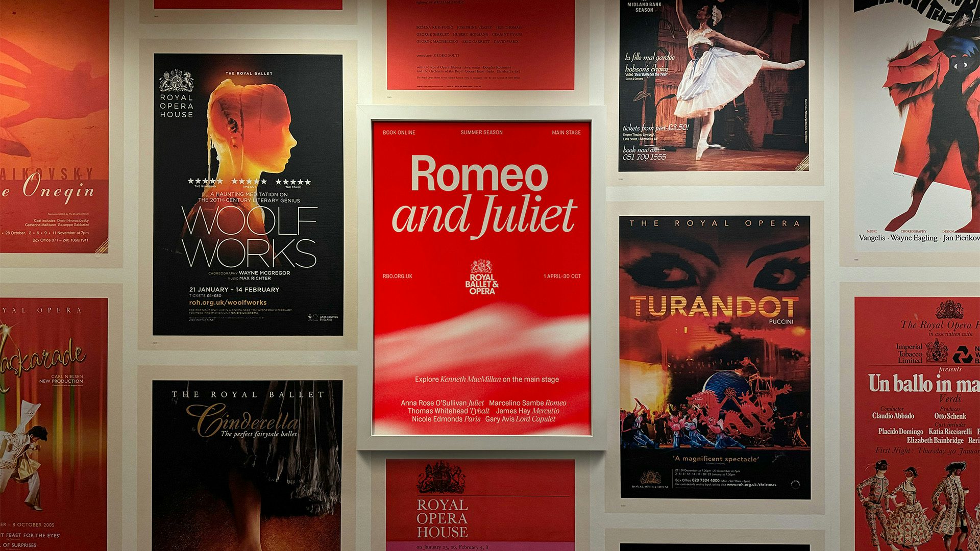 Wall of Royal Ballet and Opera posters including Romeo and Juliet and Turandot