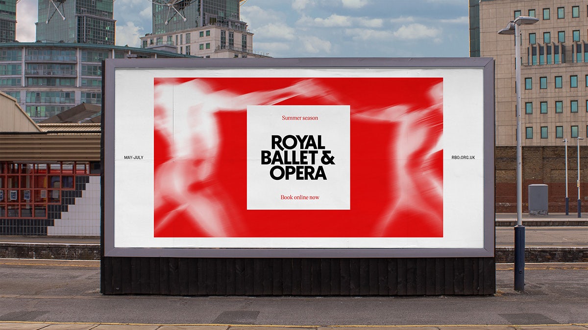 Outdoor advert headlined 'Royal Ballet and Opera' over a red background with an abstract white texture in the shape of a body