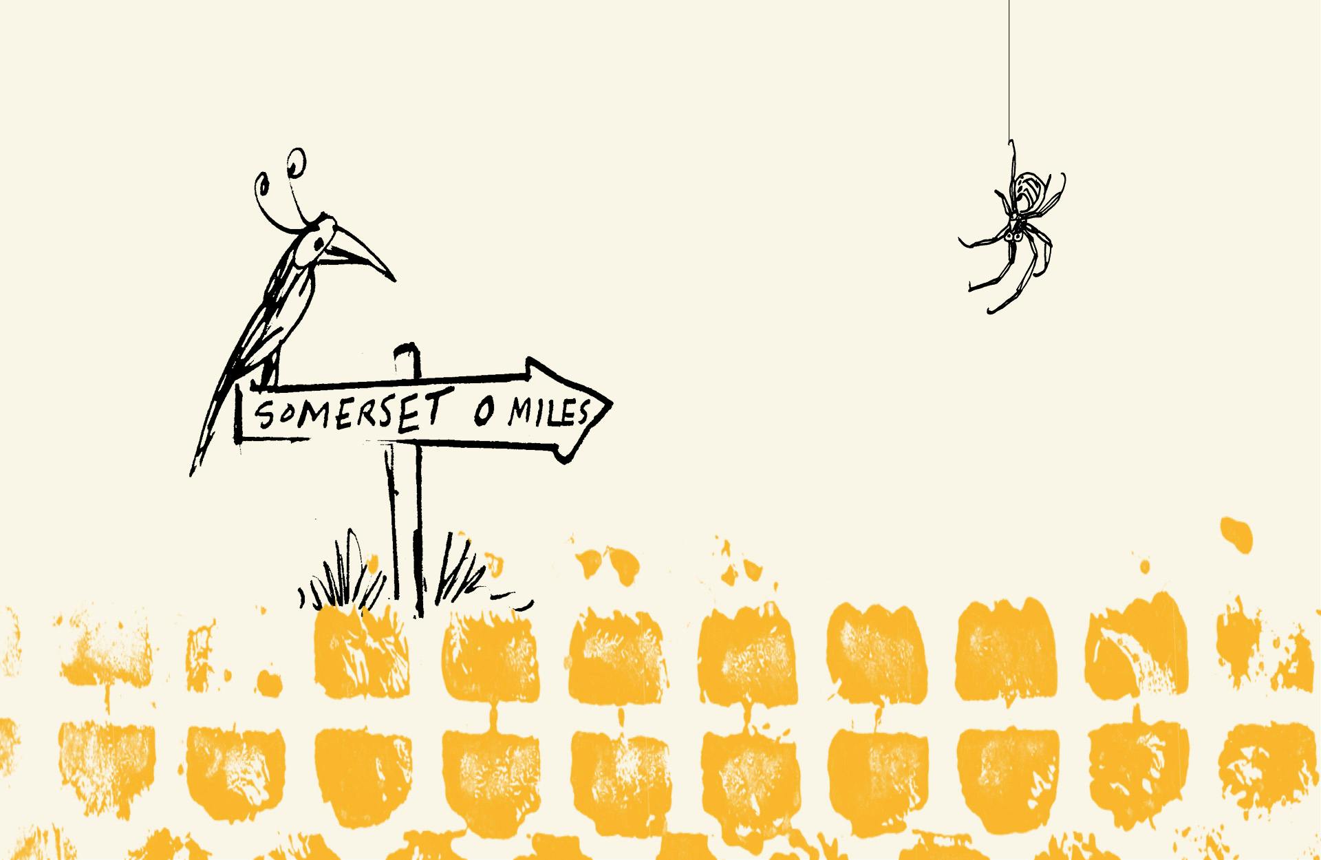 Somer Valley Brewing identity featuring rough illustrations of a bird on a signpost and a spider, with a yellow textured patterned in the background