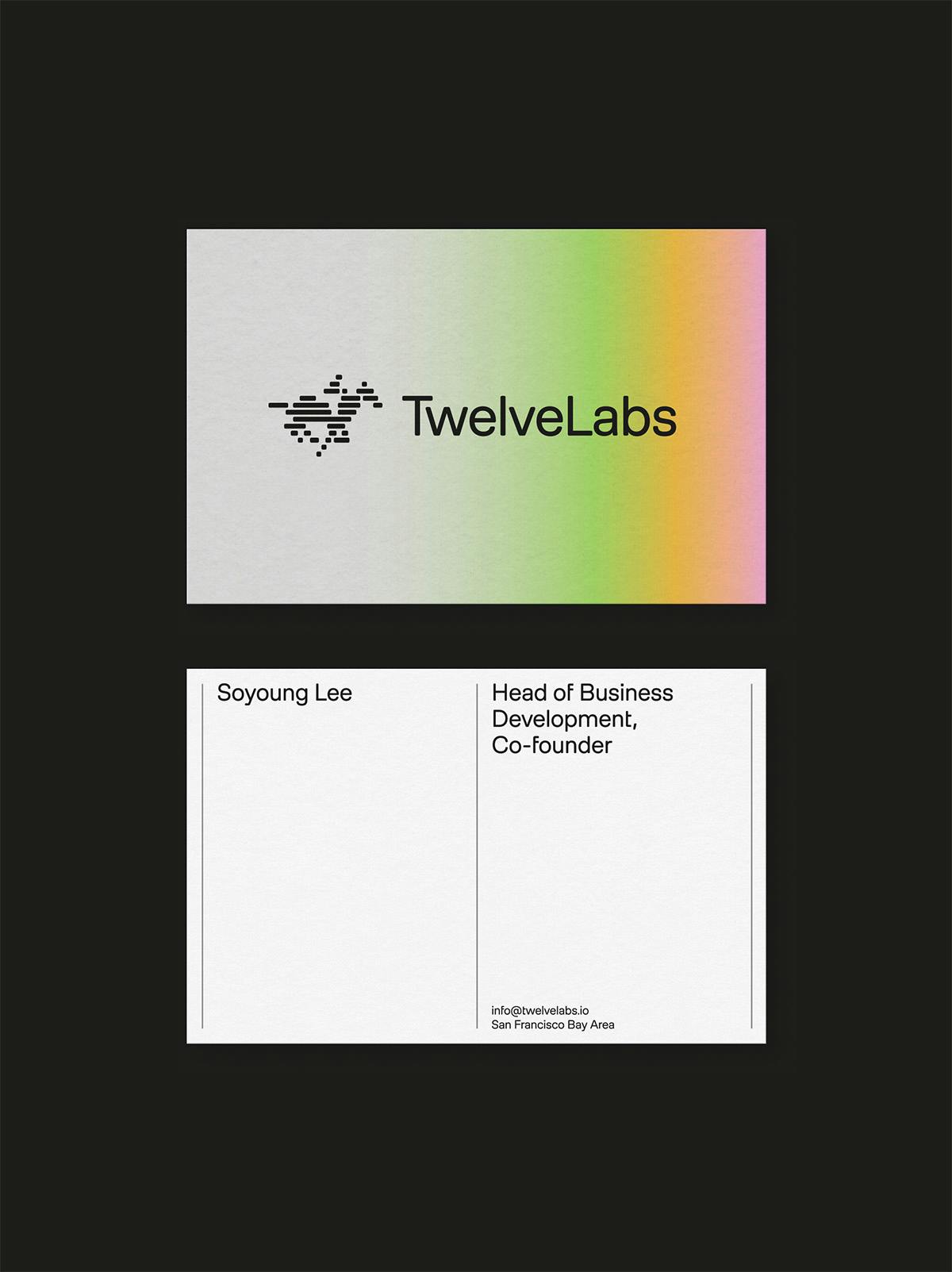 Business cards labelled TwelveLabs featuring a soft pastel gradient background and a running horse logo
