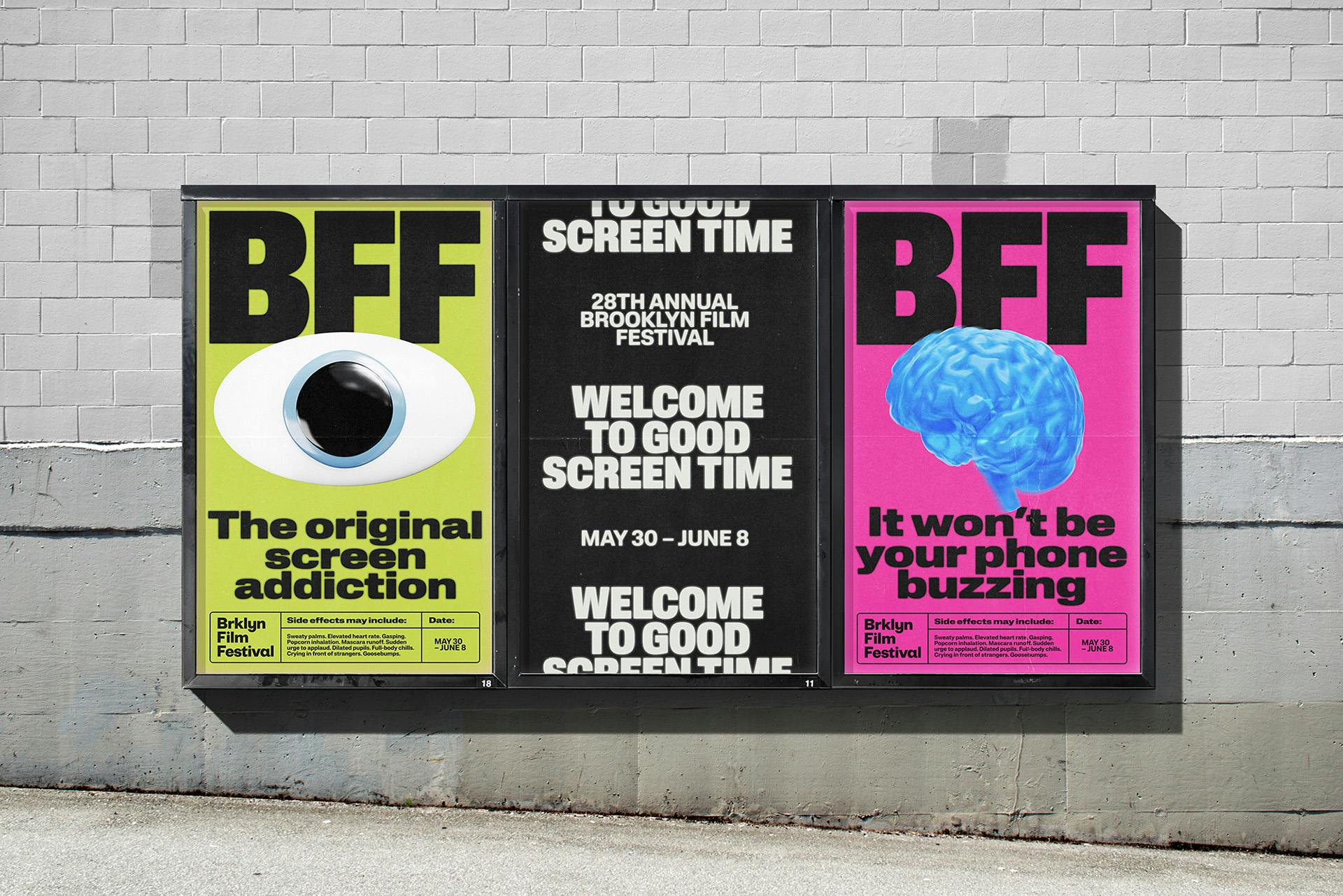 Bright pink, yellow and black posters for Brooklyn Film Festival branding featuring large 3D icons of an eye and a brain and featuring the tagline 'Welcome to good screen time'