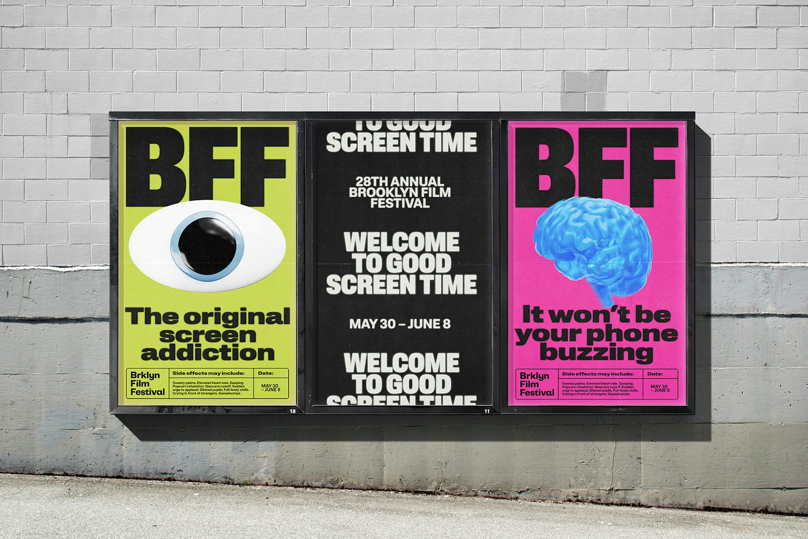Bright pink, yellow and black posters for Brooklyn Film Festival branding featuring large 3D icons of an eye and a brain and featuring the tagline 'Welcome to good screen time'