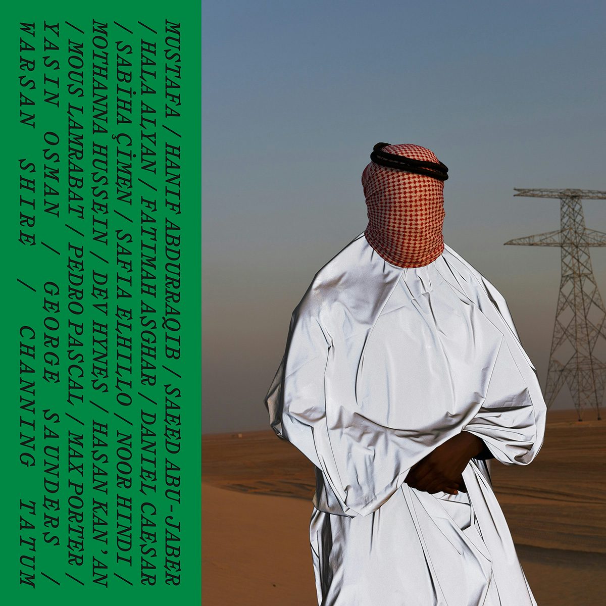 Back cover of Mustafa's poetry publication, Nour, featuring a photo by Mous Lamrabat of a person wearing a face covering standing in a desert landscape