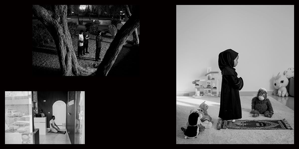 A spread from Mustafa's poetry publication, Nour, featuring black and white images including one of a child standing at a prayer mat