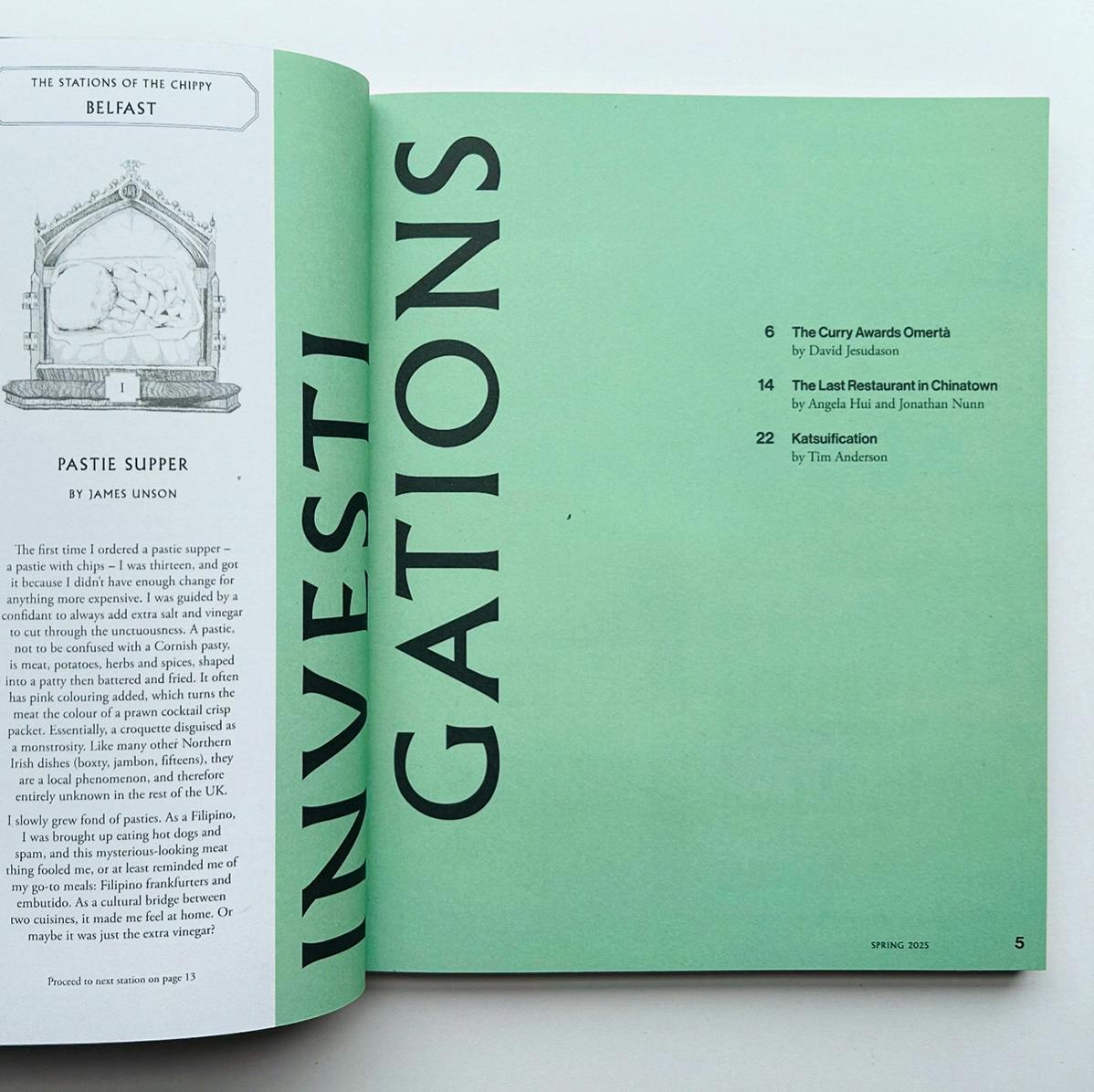 Spread from issue one of Vittles magazine headlined 'Investigations' on a green background