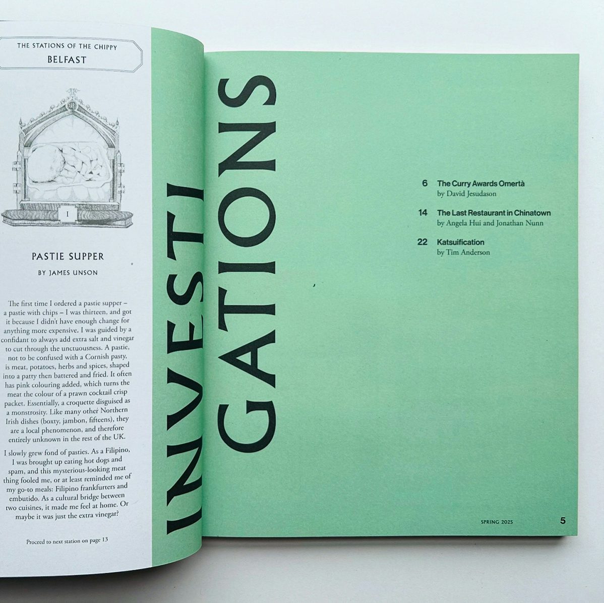 Spread from issue one of Vittles magazine headlined 'Investigations' on a green background