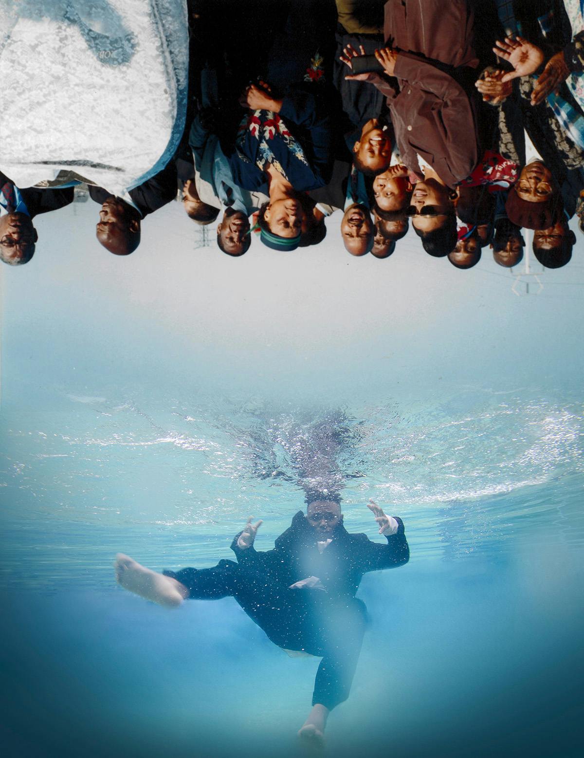 Photo by Thero Makepe of a person in a suit submerged in water with a group of people overlaid upside-down at the top of the image