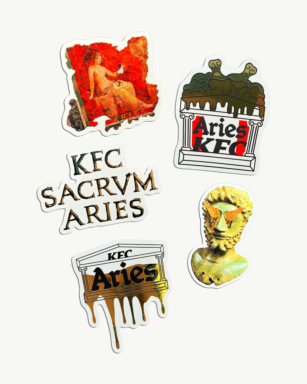 Stickers featuring gravy motifs and the KFC and Aries branding