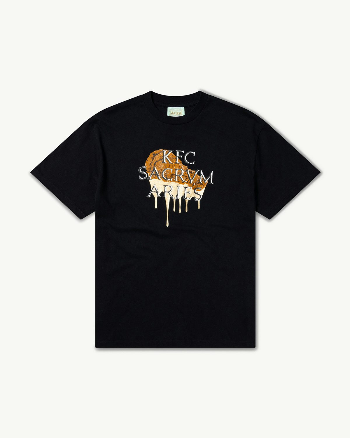 Black T-shirt featuring a motif of gravy dipped chicken and the slogan 'KFC Sacrum Aries'