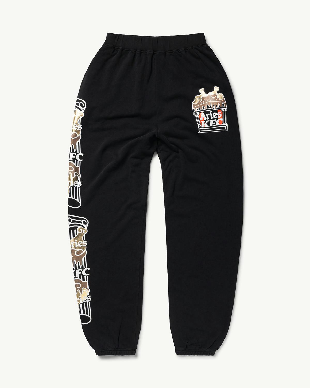 Black sweatpants featuring the Aries and KFC joint logo