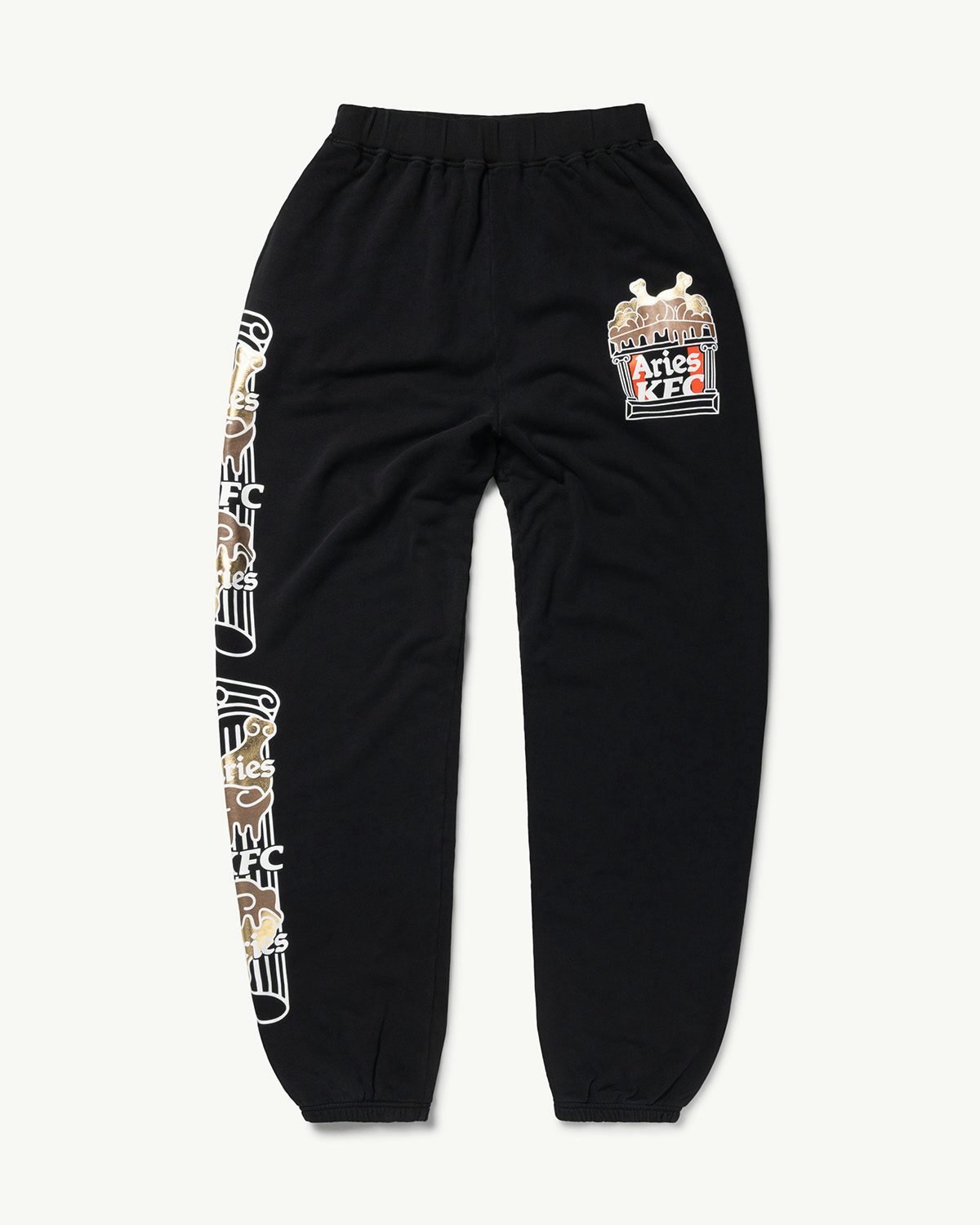 Black sweatpants featuring the Aries and KFC joint logo