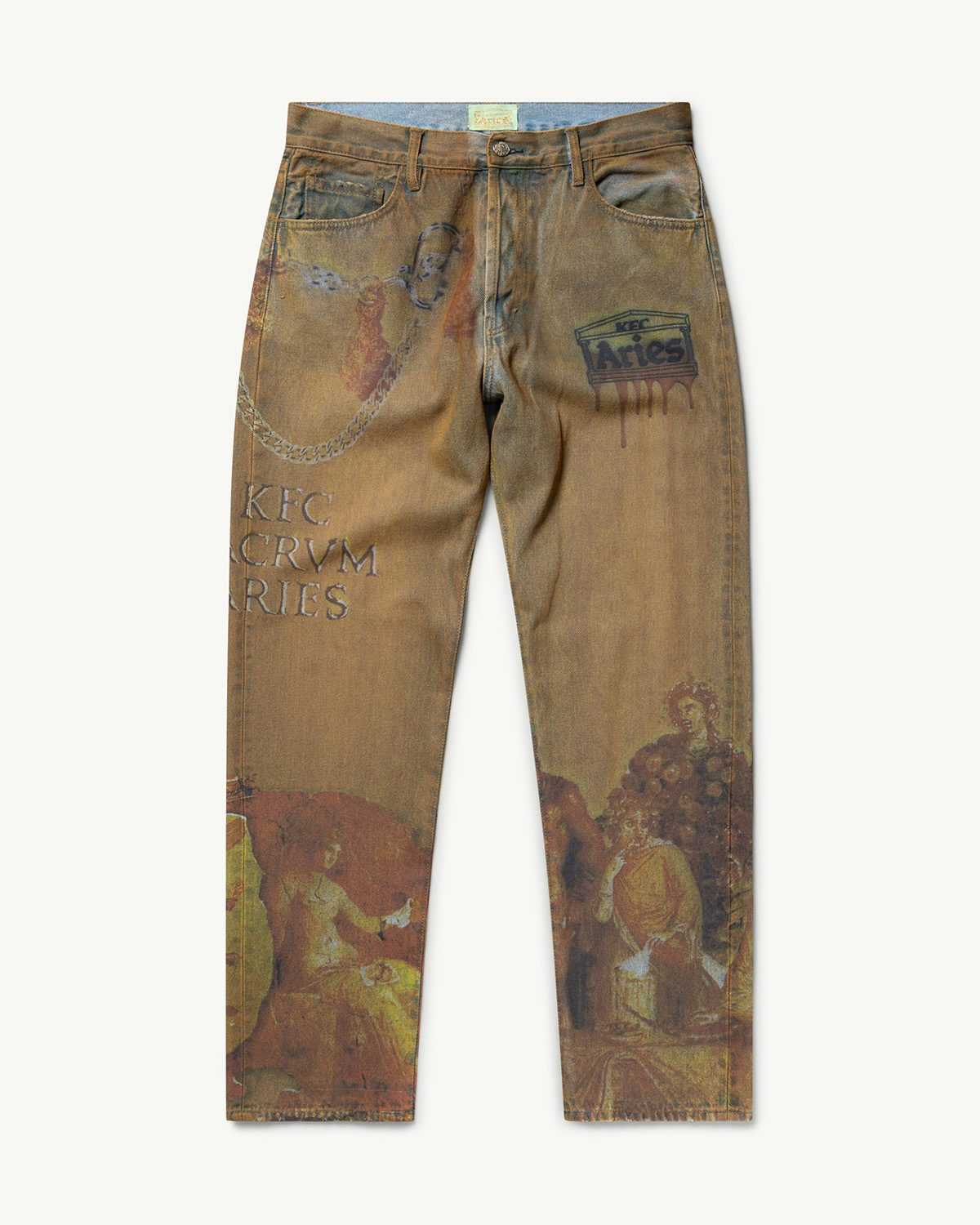 Brown trousers by KFC and Aries decorated with Renaissance-style imagery