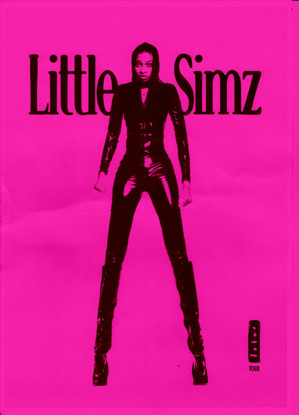 Tour poster featuring a high contrast image of Little Simz in tall platform heels against a bright pink background