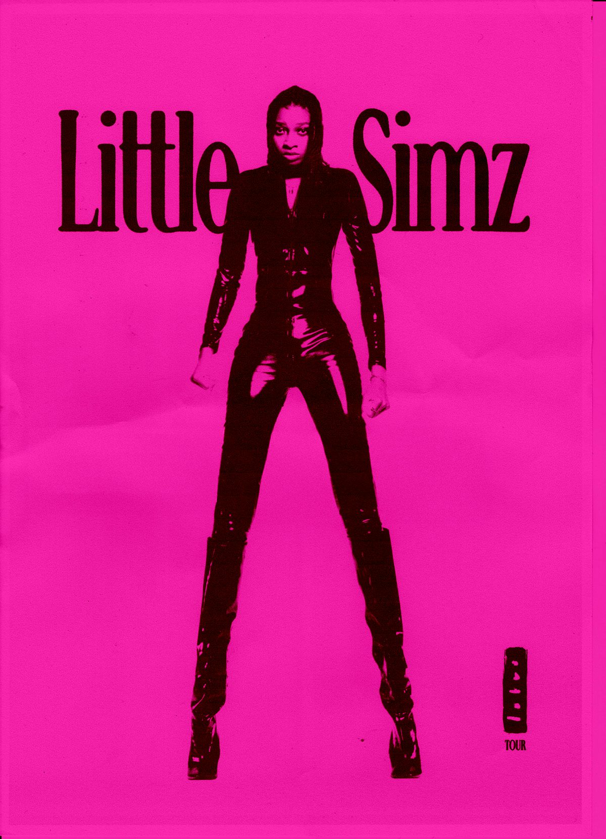 Tour poster featuring a high contrast image of Little Simz in tall platform heels against a bright pink background