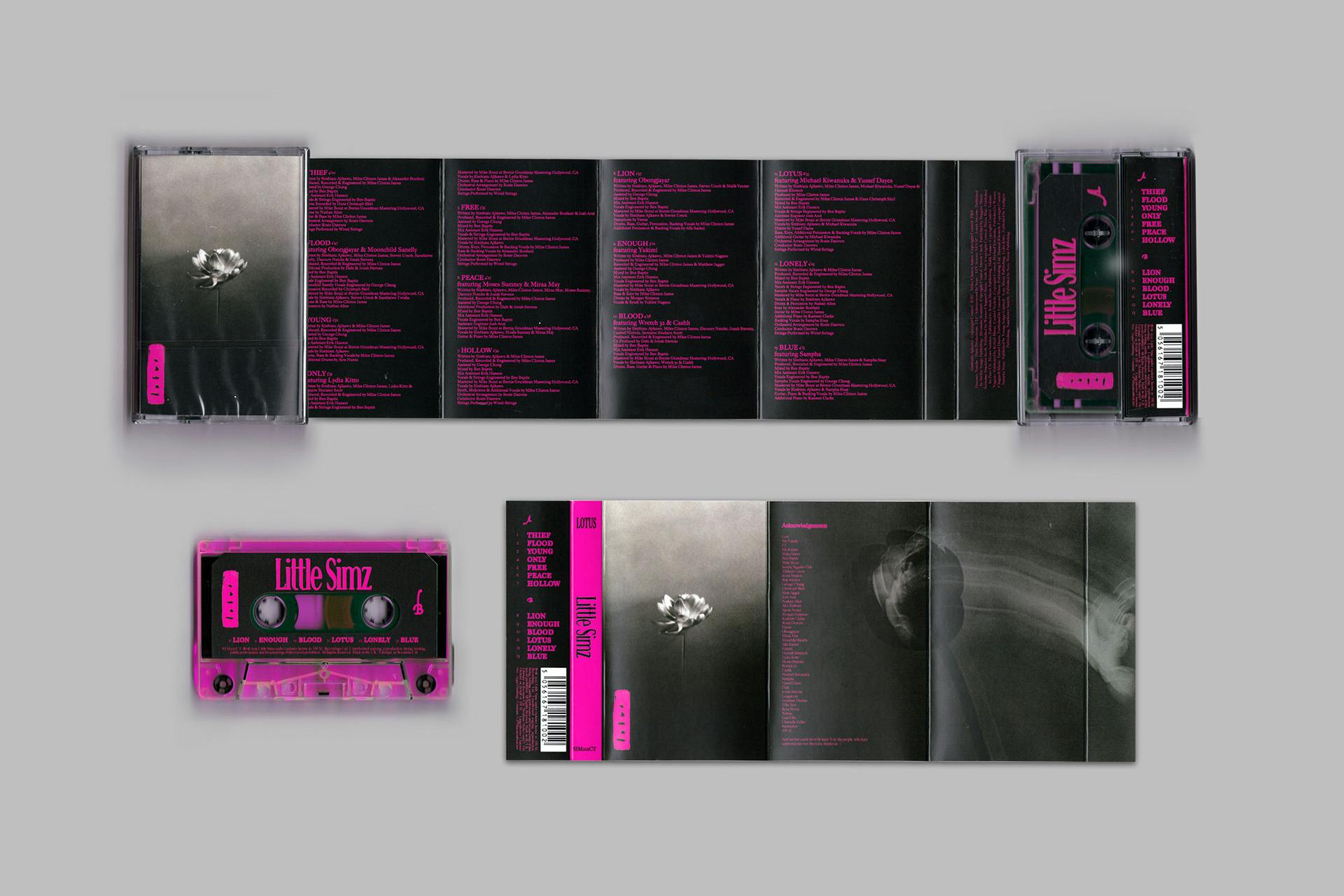 CD design for Lotus by Little Simz featuring a black and white image of a lotus flower on the cover, and black and pink sleevenotes