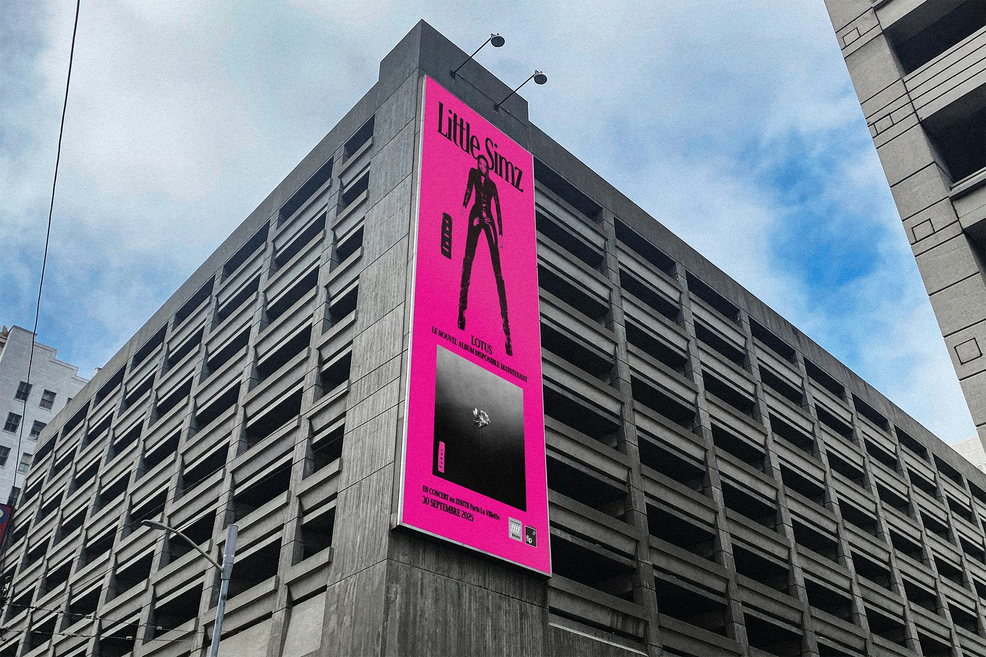 Tour poster featuring a high contrast image of Little Simz in tall platform heels against a bright pink background, displayed on the side of a grey multistorey building