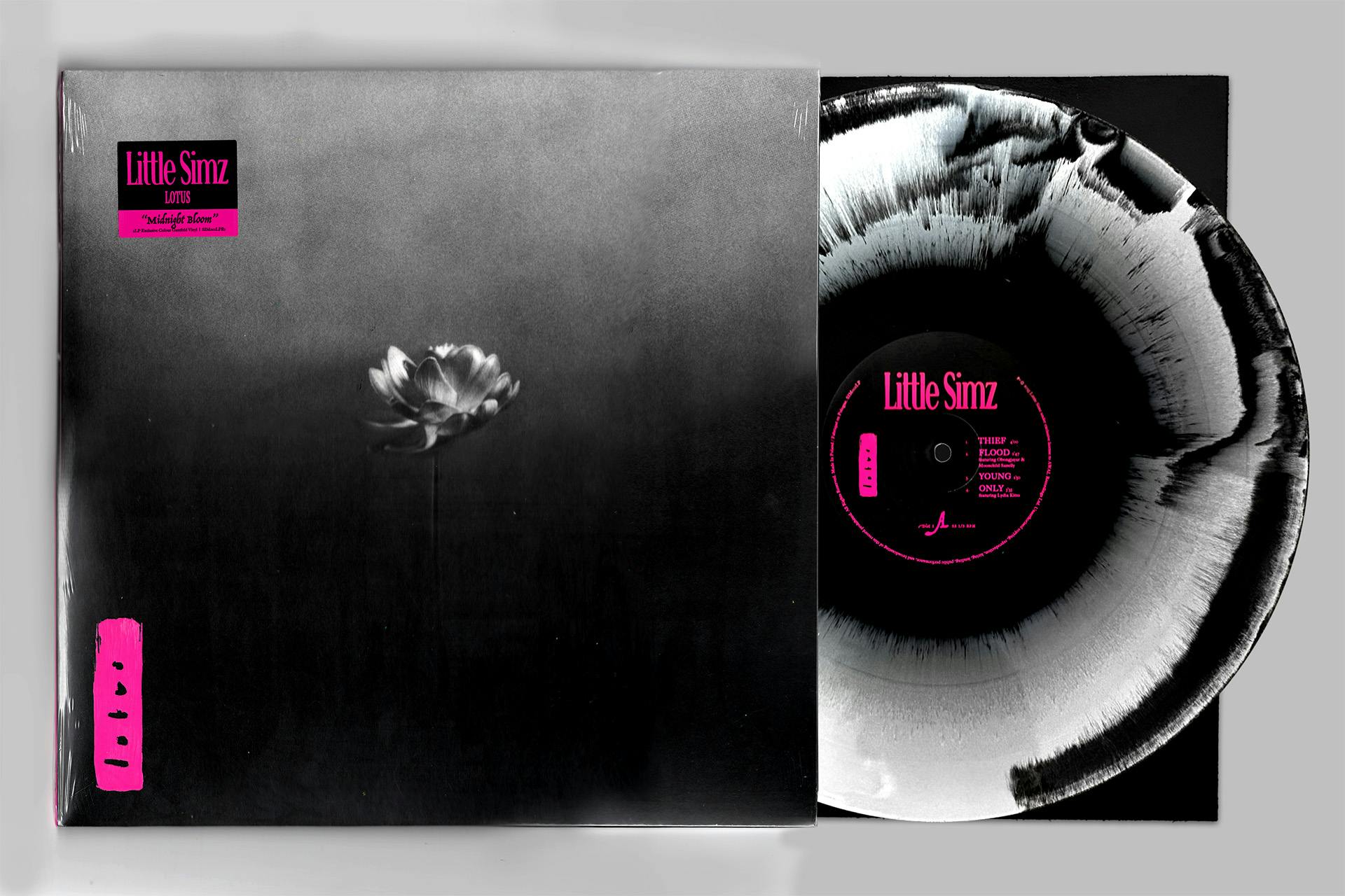 Record design for Lotus by Little Simz featuring a black and white image of a lotus flower on the cover and a black and grey vinyl record