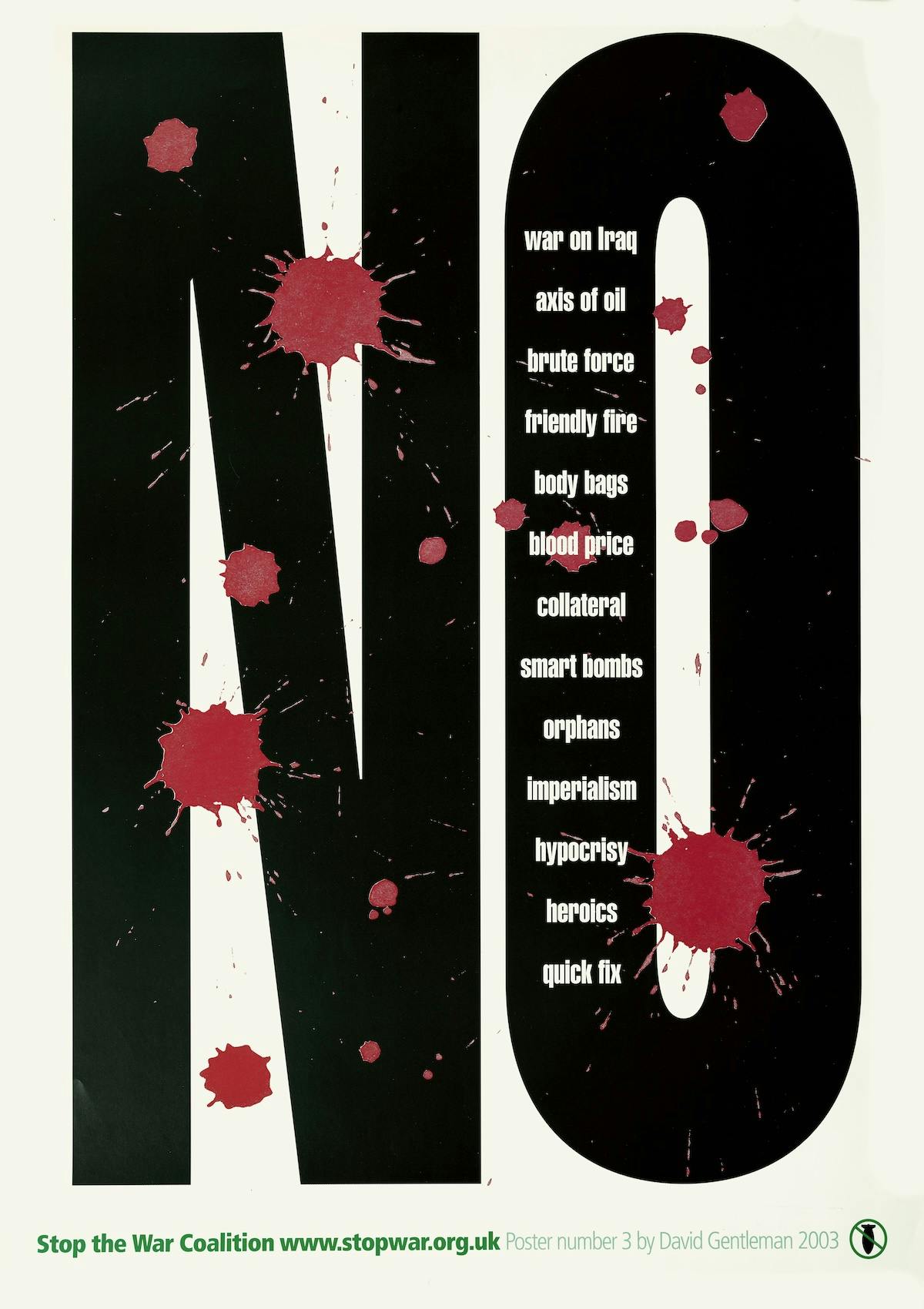 David Gentleman poster that reads 'NO' overlaid with blood splatters