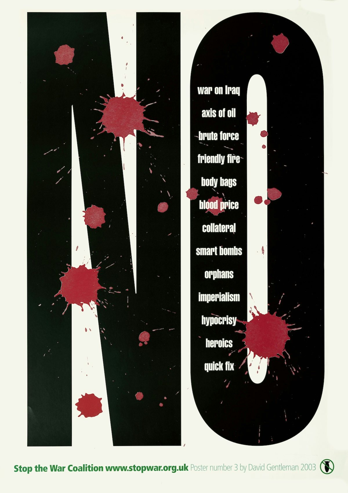 David Gentleman poster that reads 'NO' overlaid with blood splatters