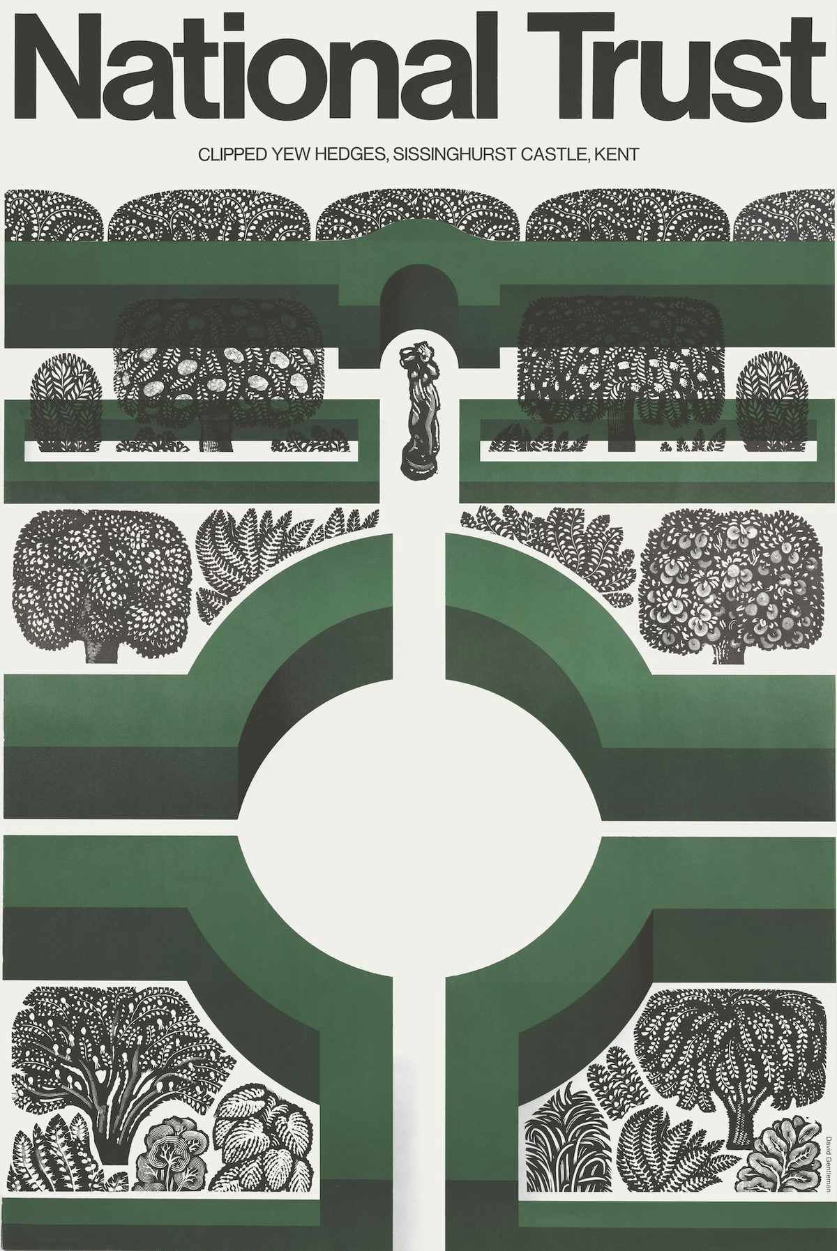 David Gentleman National Trust poster featuring an illustration of symmetrical gardens