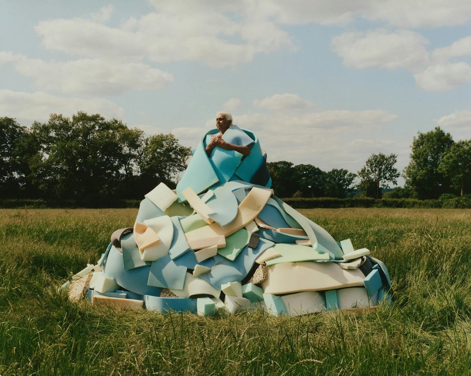 Photo by Vivek Vadoliya featuring a person in a field wearing a large dress-shaped costume made out of foam strips
