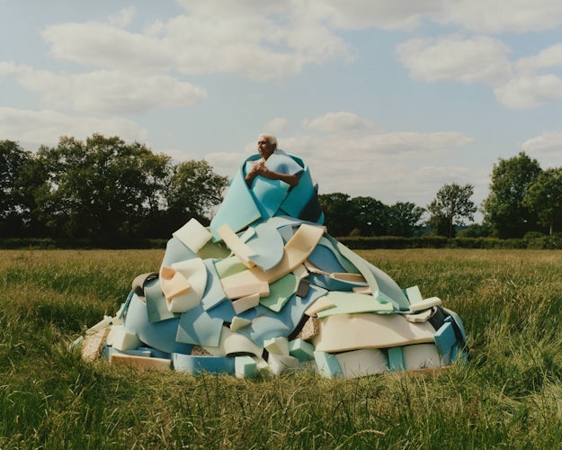Photo by Vivek Vadoliya featuring a person in a field wearing a large dress-shaped costume made out of foam strips