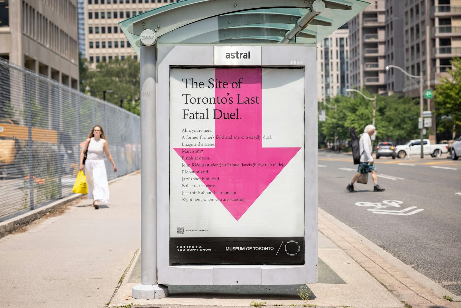 Museum of Toronto outdoor ad that reads 'the site of Toronto's last fatal duel' with an arrow in the background