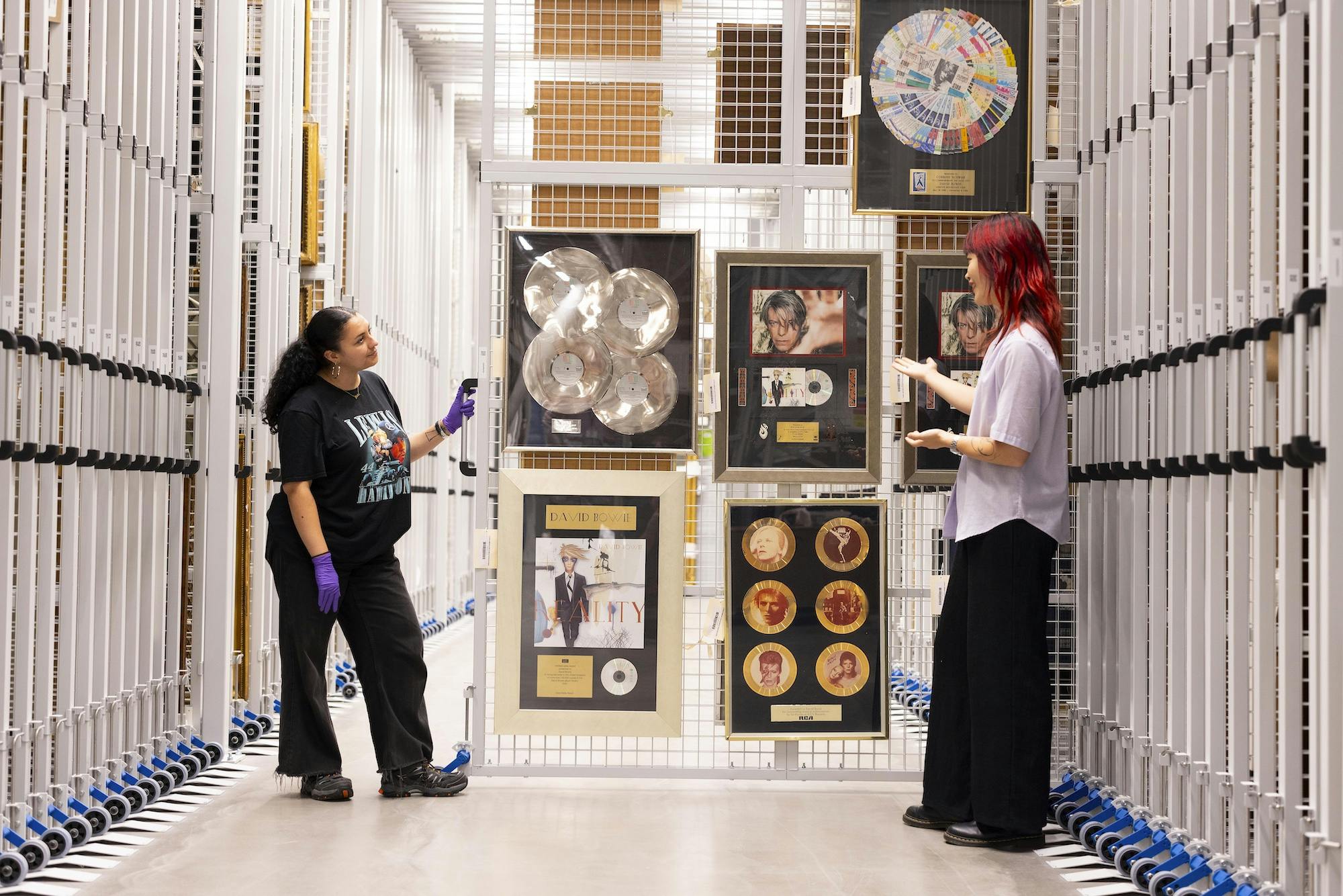 Some of David Bowie’s awards in storage, viewed as part of an Order an Object appointment at V&A East Storehouse. Photo: David Parry for V&A