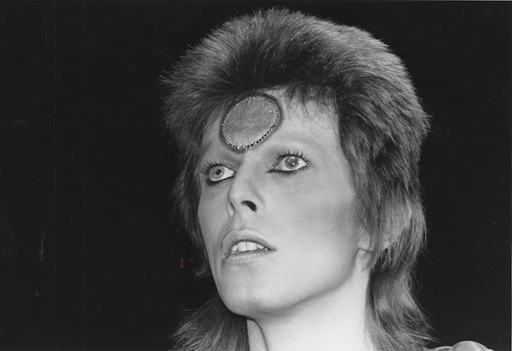 David Bowie performing on the Ziggy Stardust tour, 1973 © Mick Rock 1973 / Estate of Mick Rock 2025