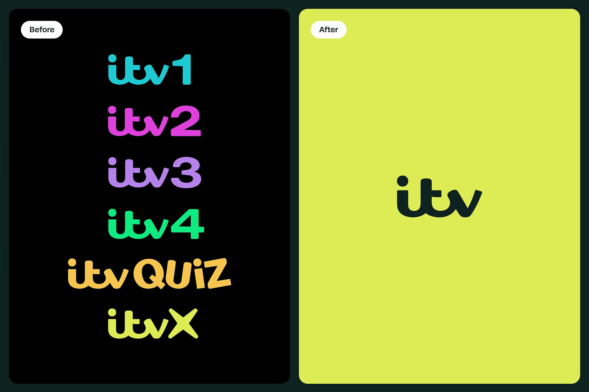 ITV logo before and after rebrand, Studio Kiln