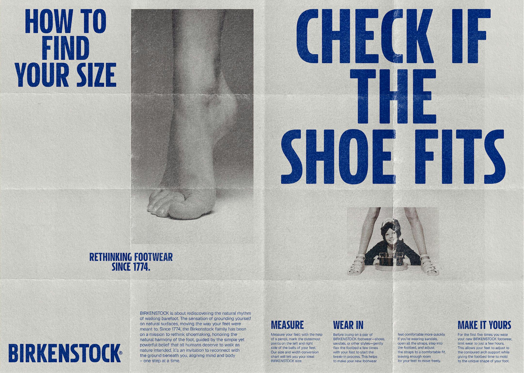 Birkenstock brand identity refresh by Base Design, Check If The Shoe Fits poster